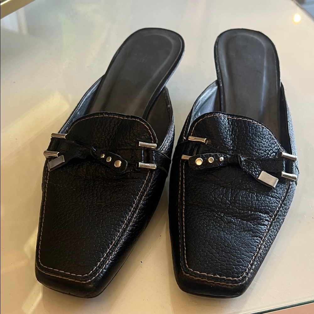Stuart Weitzman Black Leather Mules